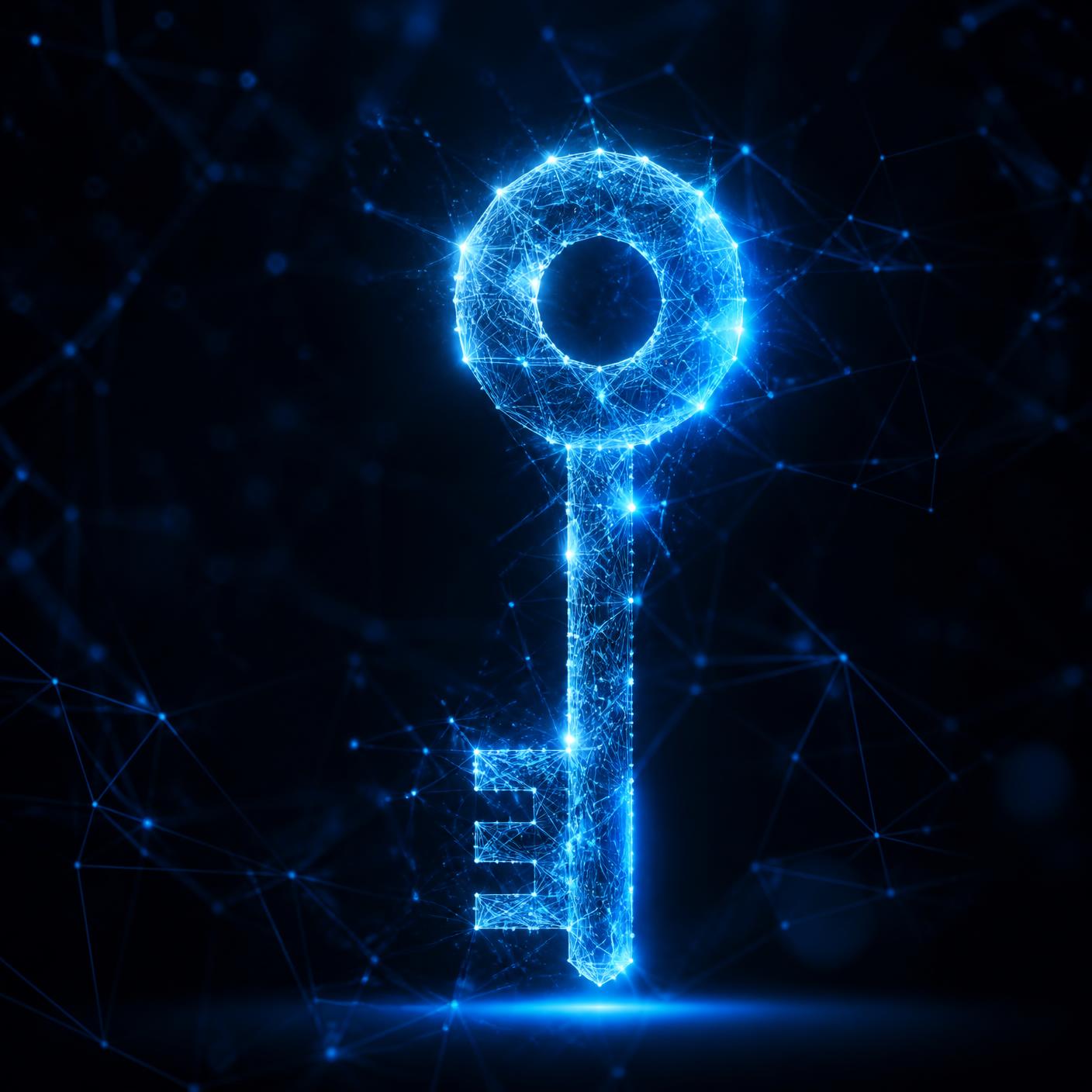 Representação abstrata de uma chave digital formada por nós de dados e conexões de inteligência artificial